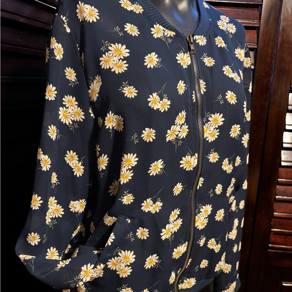 About A Girl Blue and Yellow Bomber Jacket with Floral Pattern
